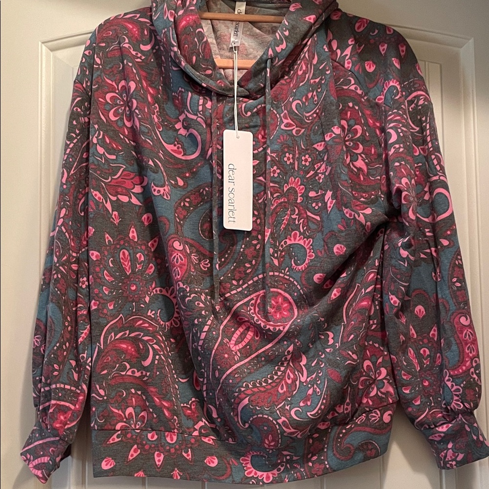 Dear Scarlett Weekender Hoodie Teal and Pink Paisley Long Sleeve Top